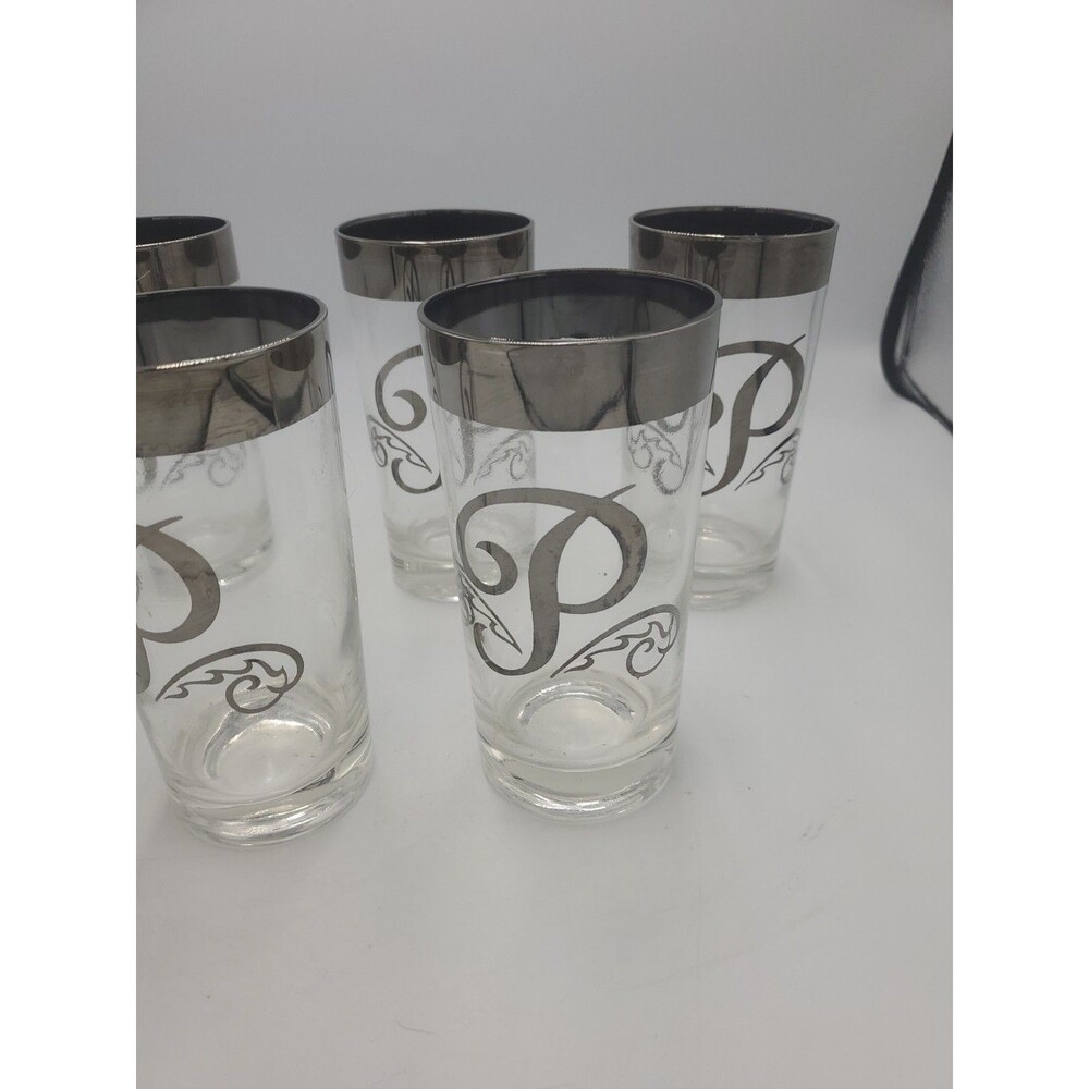 5 Highball Glass Monogram Platinum" style, silver rim and an "P" initial - Picture 2 of 7